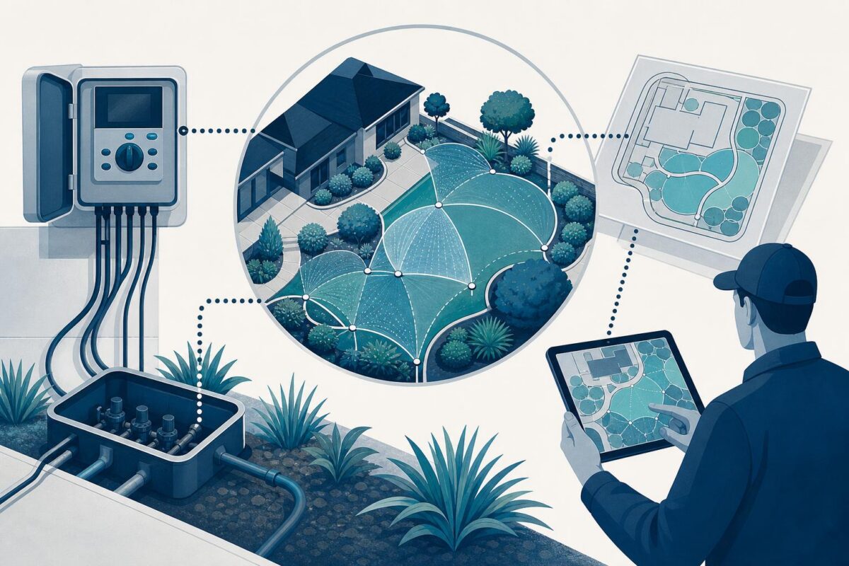 Irrigation support illustration showing an irrigation controller and the landscape it serves