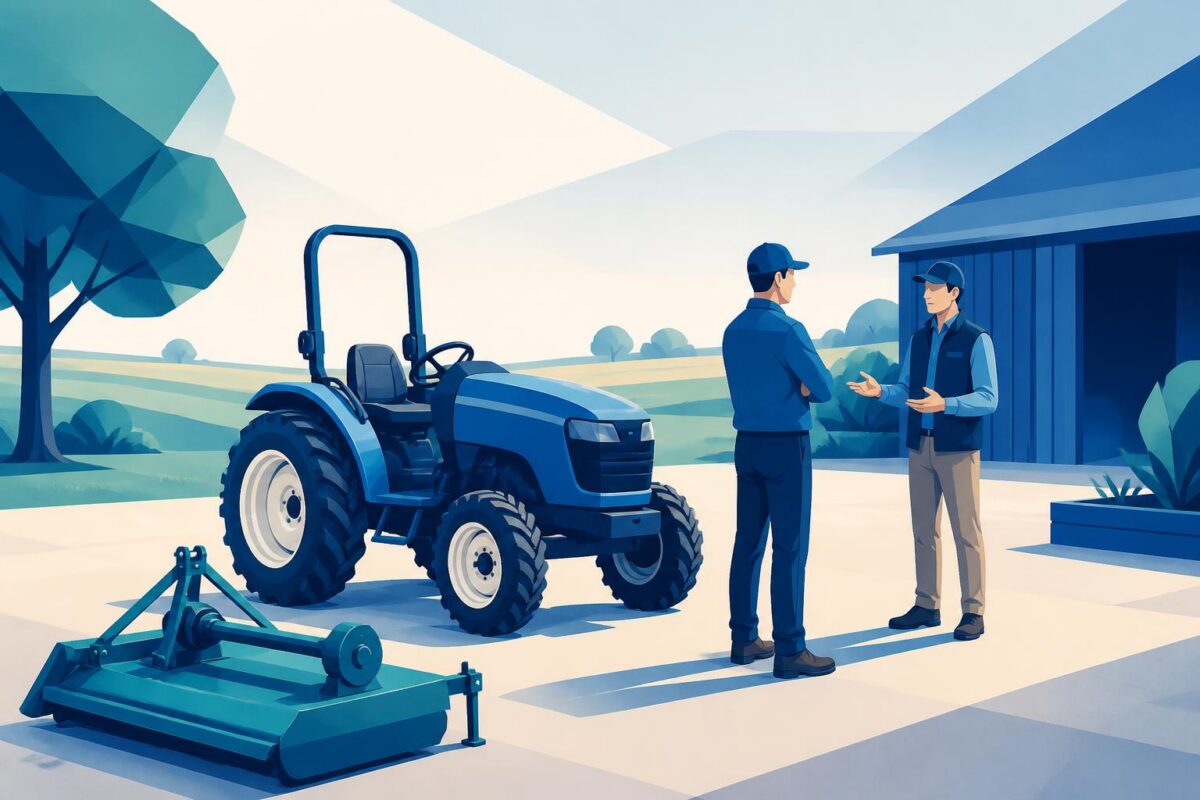 John Deere visual support concept showing a parked tractor and ground-resting attachment