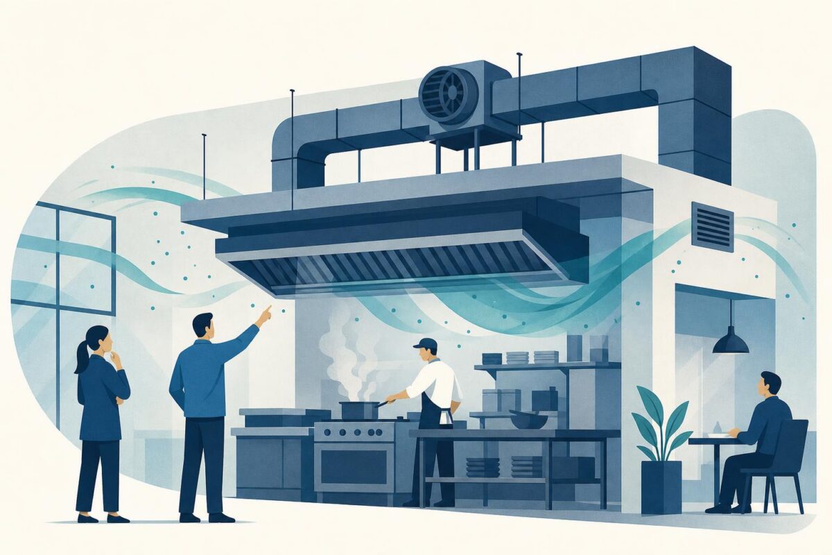 Kitchen ventilation support illustration showing a commercial kitchen hood and the surrounding room