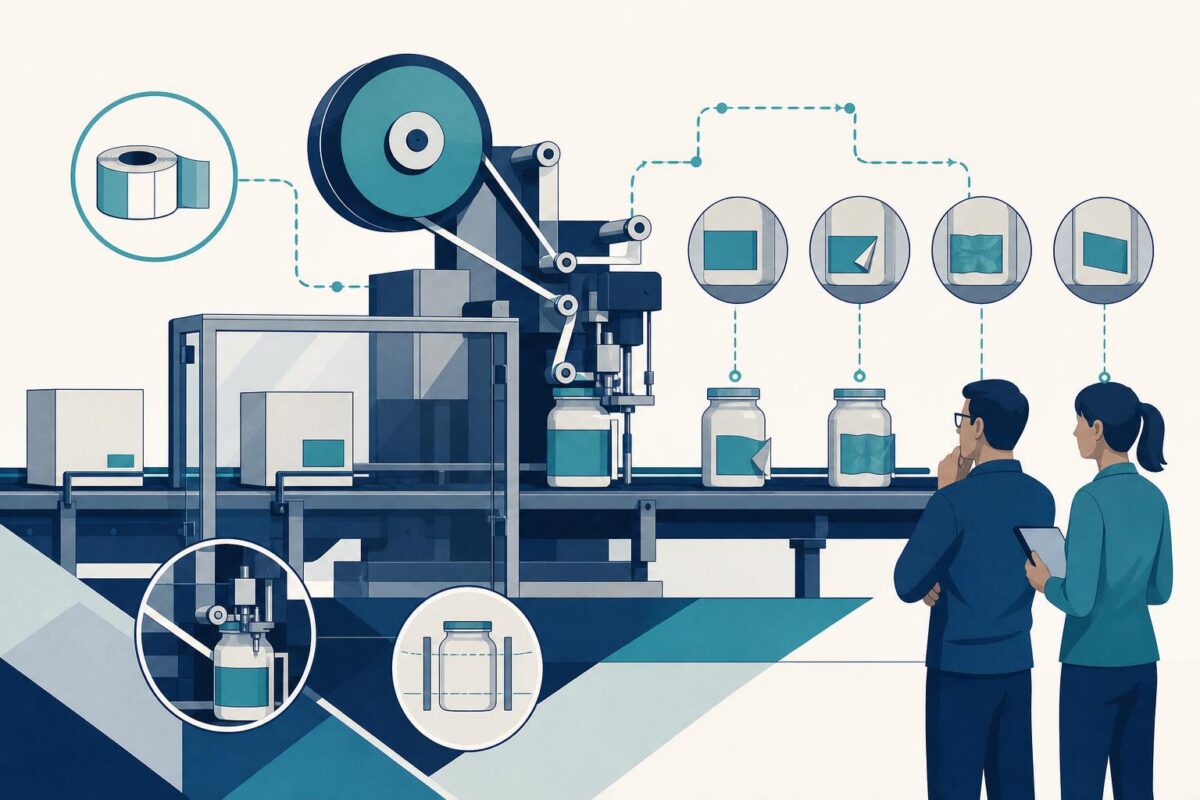 Labeling machine support illustration showing a label roll and labeling machine path