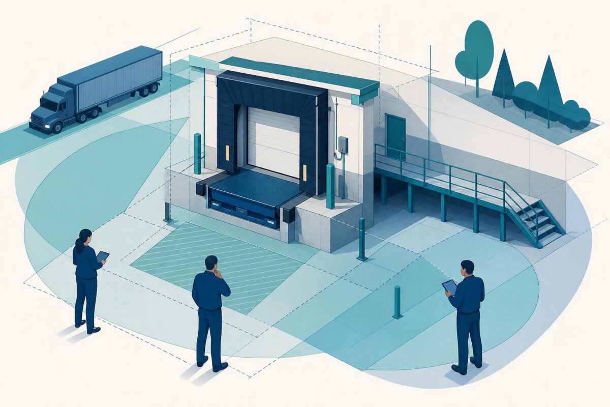 Loading dock equipment support illustration showing loading dock equipment and safe external observers