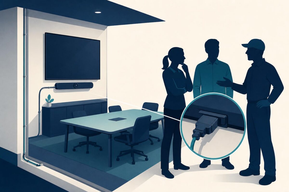 Logitech visual support concept showing meeting-room equipment and a shared connector view across three support roles
