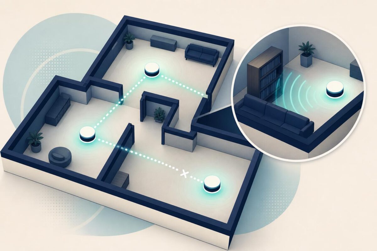 Mesh WiFi support illustration showing connected nodes across a home floor plan