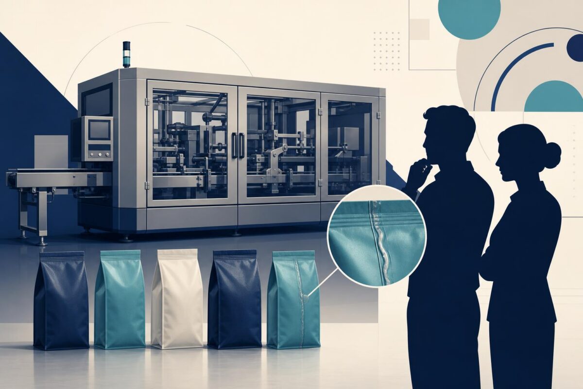 Packaging machine support illustration showing enclosed machinery and a package seam