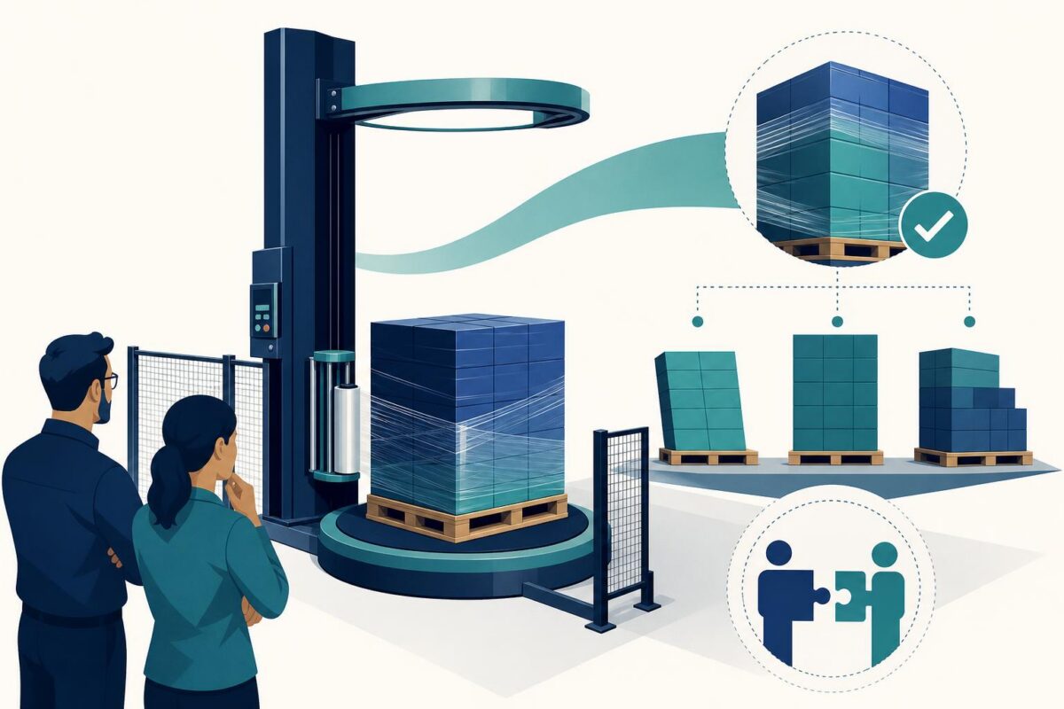 Pallet wrapper support illustration showing a pallet wrapper and finished load condition