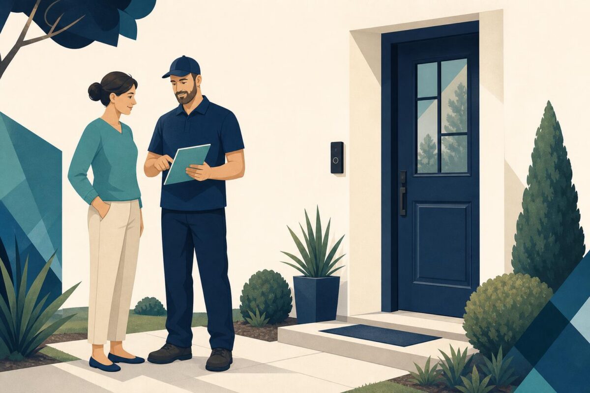 Homeowner and installer reviewing a doorbell entryway brief