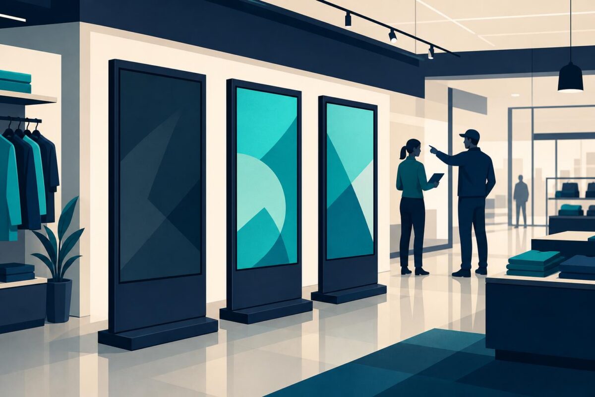 Samsung visual support illustration showing three retail displays with one dark panel and onsite observers