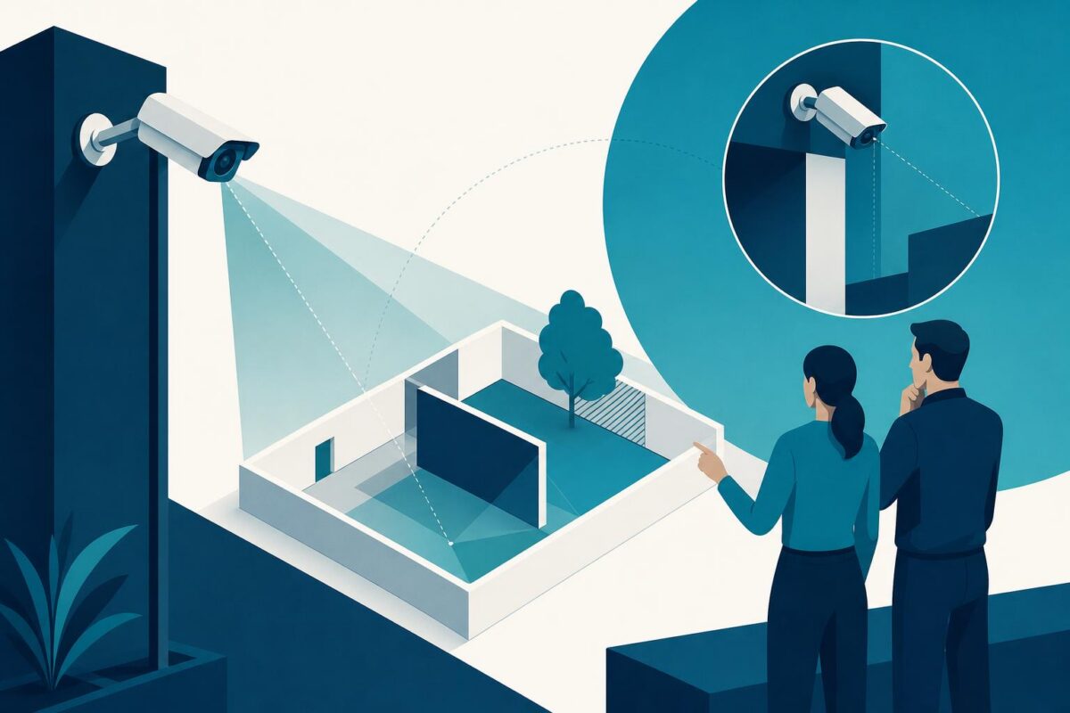 Security camera support illustration showing a security camera position and its physical field of view