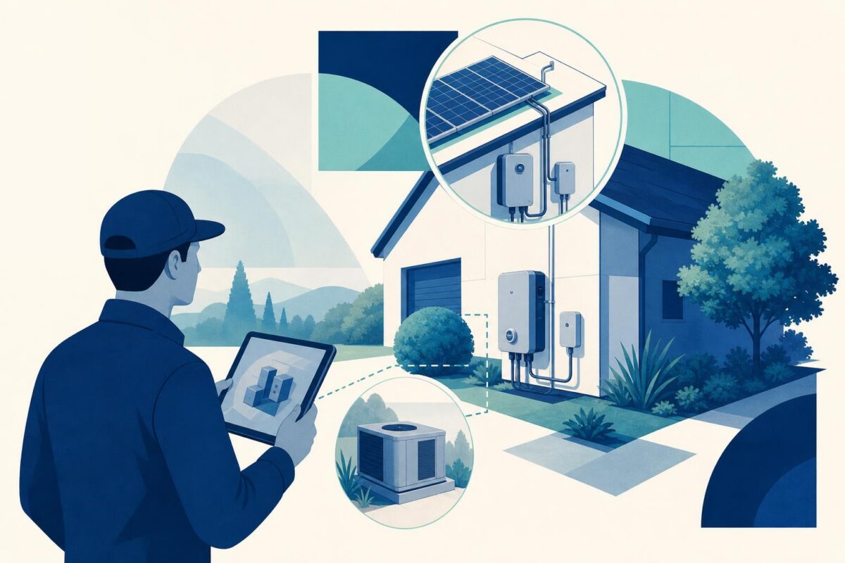 Solar service support illustration showing solar equipment observed from ground level