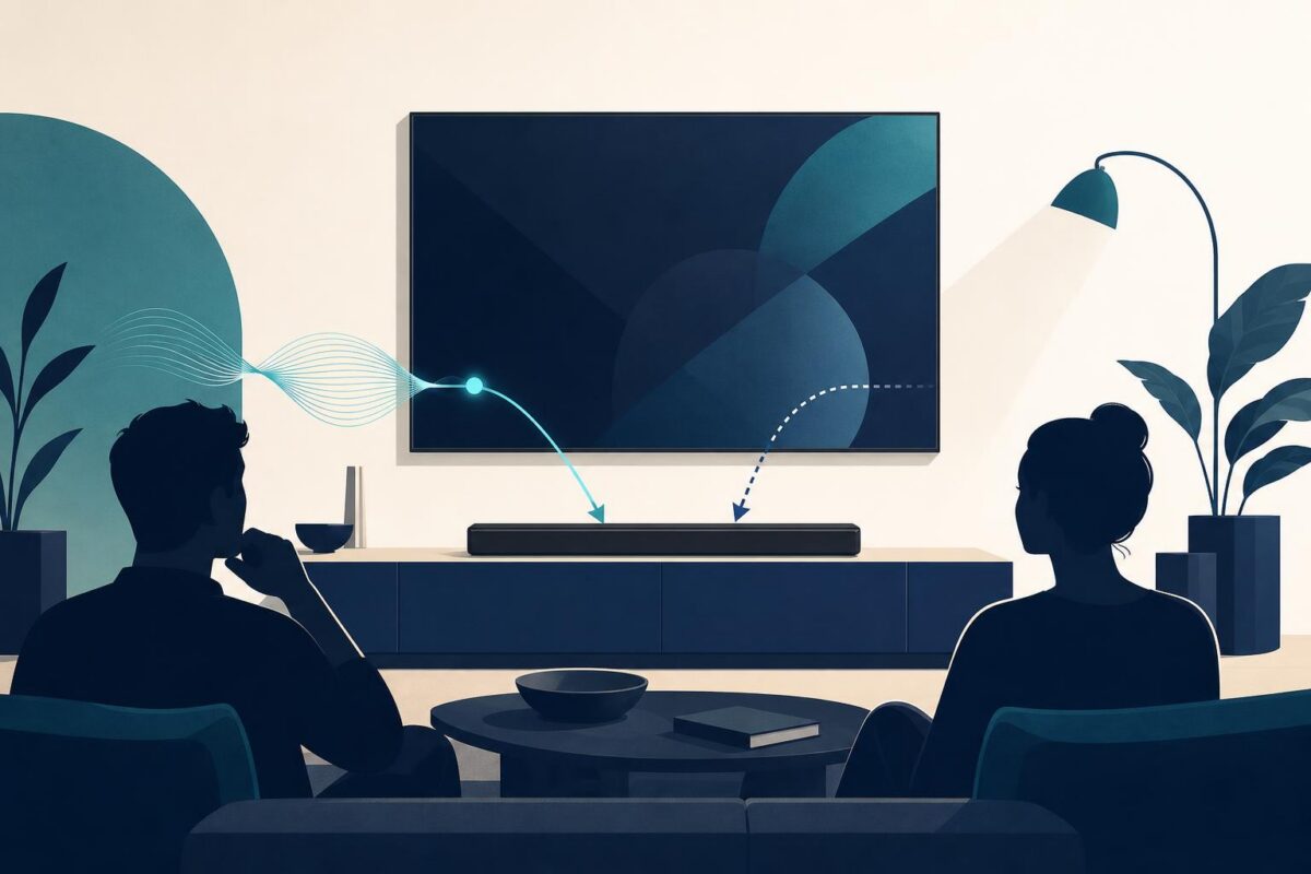 Sonos visual support concept showing a television and soundbar with distinct listening paths
