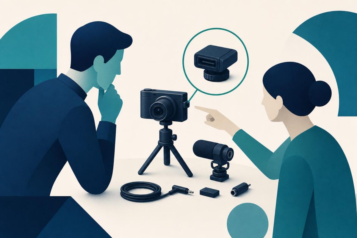 Sony visual support illustration showing a compact camera, microphone and accessories under shared inspection