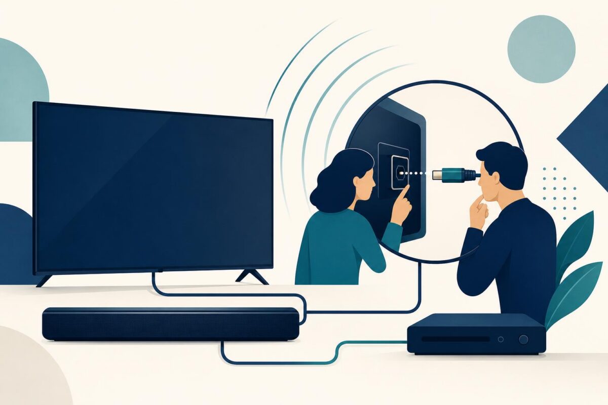 Soundbar support illustration showing the television audio connection path