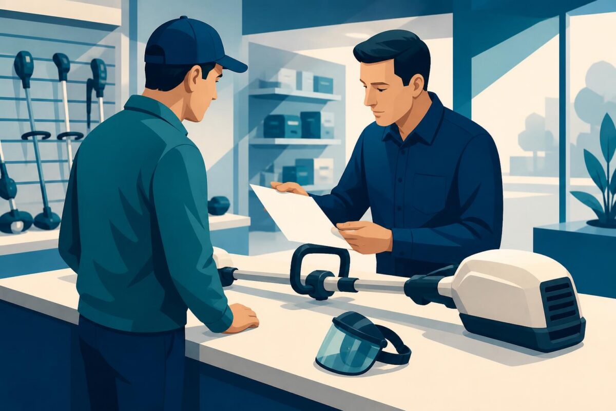 STIHL visual support concept preparing outdoor-tool dealer intake at a service counter