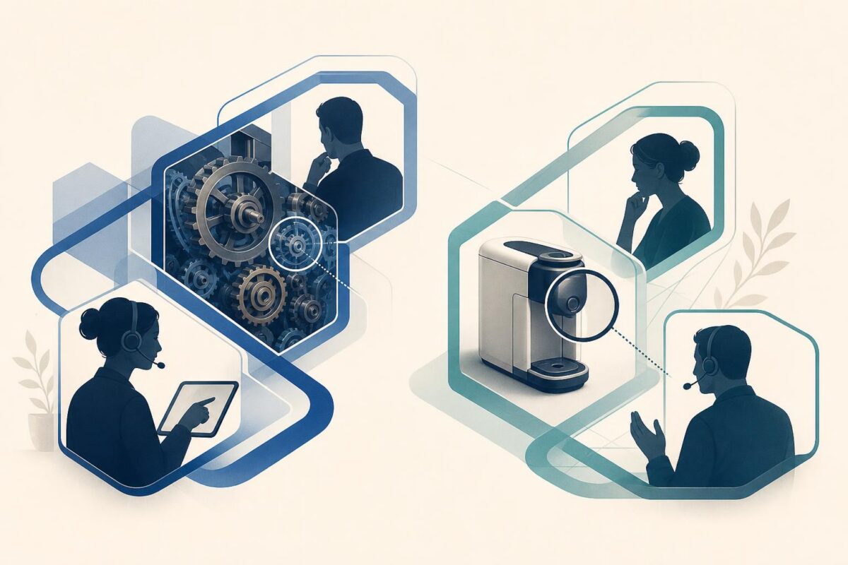 Visual support comparison illustration showing two teams discussing different physical equipment contexts