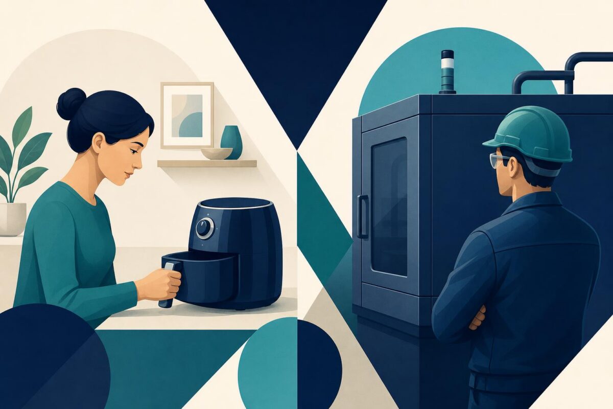 Viewabo vs carear illustration showing household customer and qualified industrial technician in different support settings
