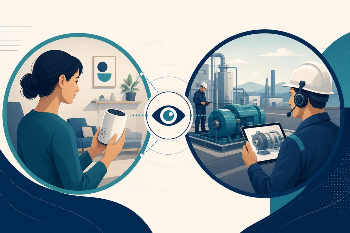 Viewabo vs sightcall illustration showing customer and specialist discussing household and industrial equipment