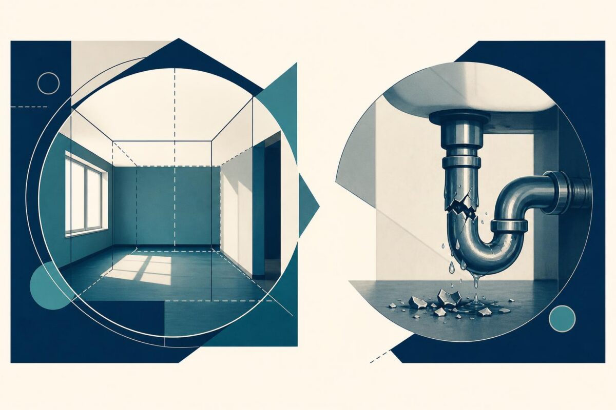 Viewabo vs streem illustration showing room survey contrasted with a specific plumbing problem