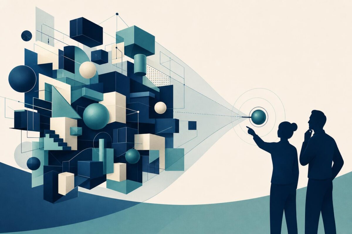 Viewabo vs vuforia chalk illustration showing people narrowing complex information into one clear physical detail