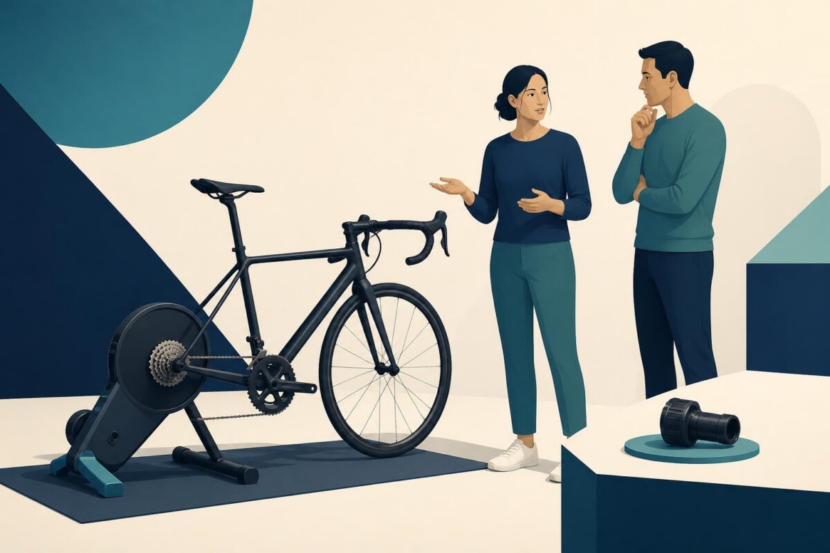 Wahoo visual support concept reviewing a stationary bicycle and indoor trainer