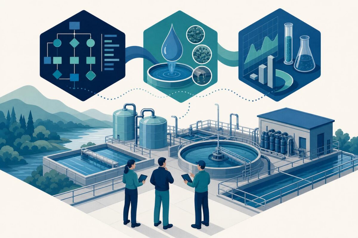 Water treatment support illustration showing water treatment equipment and separate testing evidence
