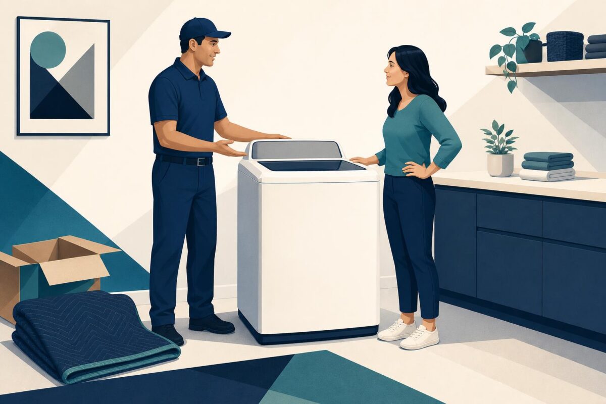 Whirlpool visual support concept showing washer delivery and first-use guidance