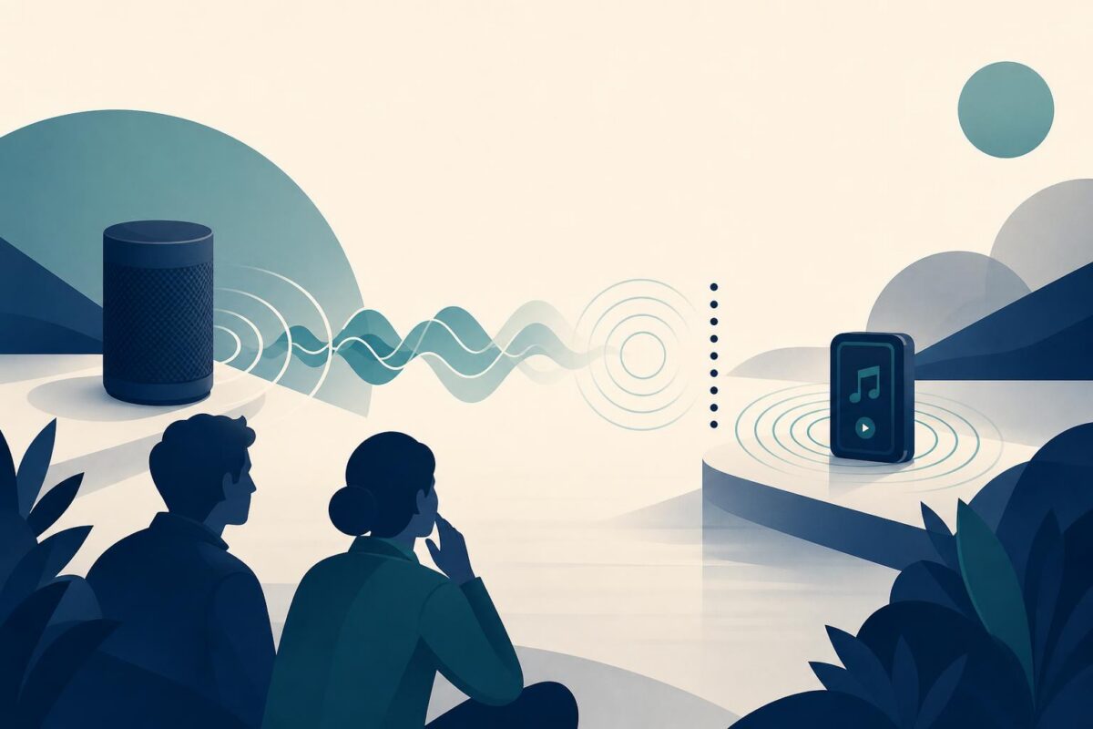 Smart speaker and phone linked by sound waves