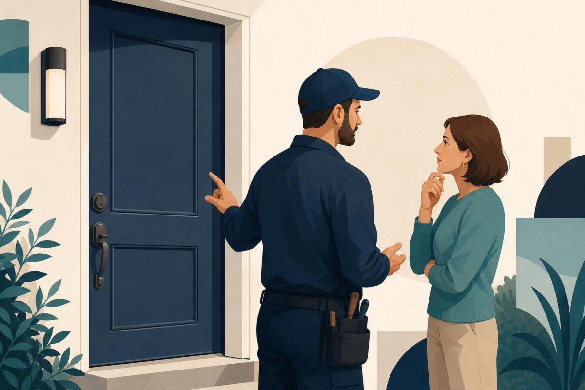 Homeowner and locksmith discussing external door fit before installation