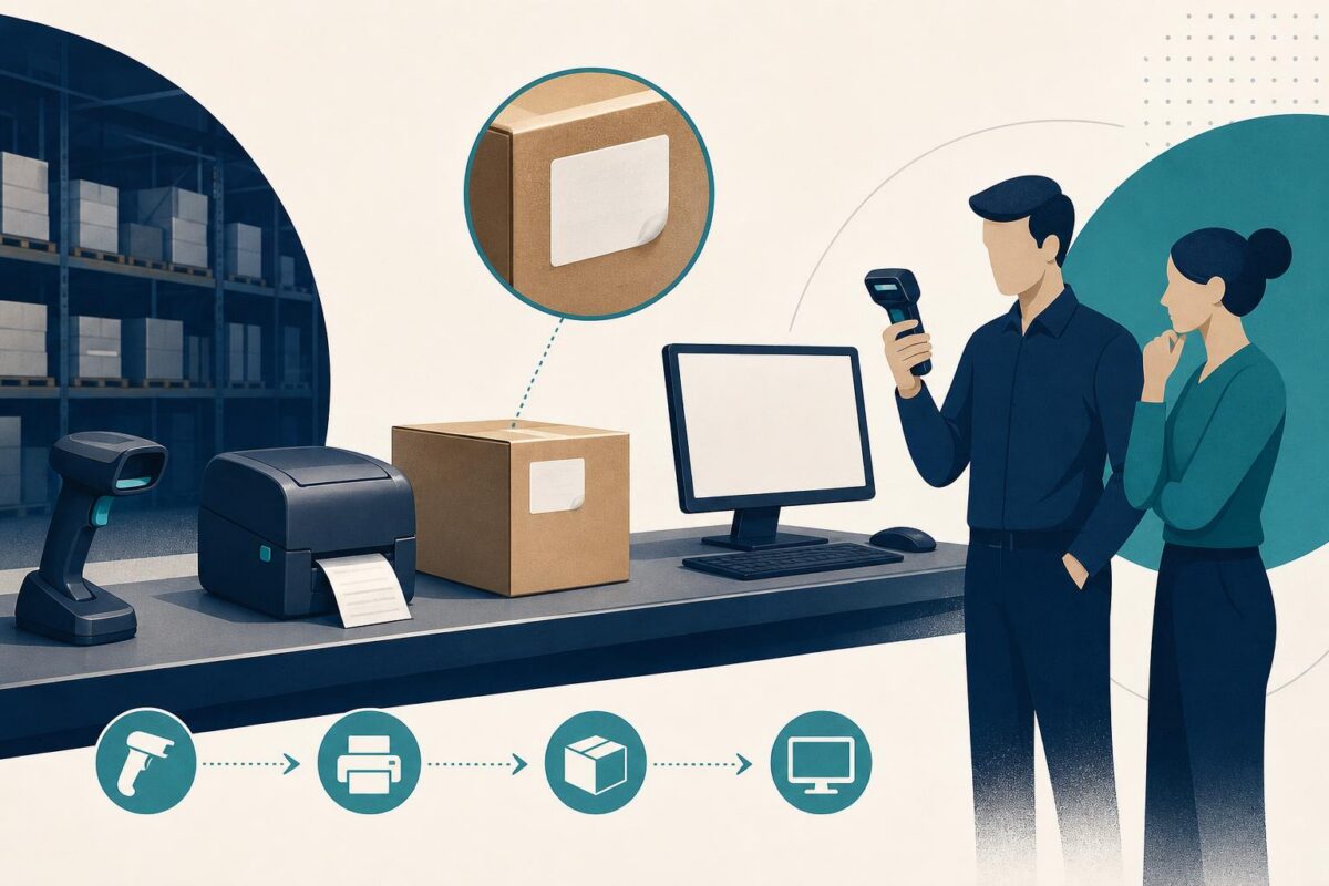 Zebra visual support illustration showing a scanner, label printer, package and workstation in a warehouse handoff
